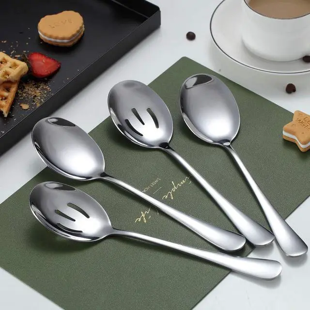 Alt view image 3 of 7 - Kyraton 4-Piece Stainless Steel Serving Utensil Set - 2 Serving Spoons and 2 Slotted Spoons