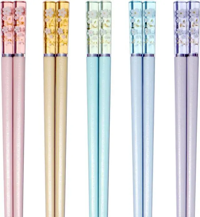 Main image of 5 Pairs Amber Cherry Blossom Pattern Decoration Multicolor Fiberglass Chopsticks Japanese Korean Chopsticks Reusable Dishwasher Safe Yellow Pink Blue Green Purple