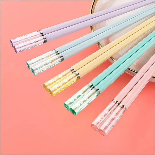 Alt view image 4 of 7 - 5 Pairs Amber Cherry Blossom Pattern Decoration Multicolor Fiberglass Chopsticks Japanese Korean Chopsticks Reusable Dishwasher Safe Yellow Pink Blue Green Purple