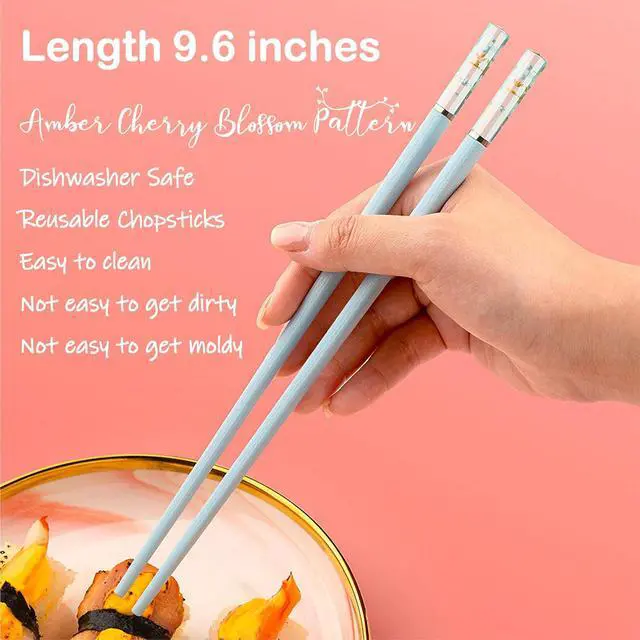 Alt view image 5 of 7 - 5 Pairs Amber Cherry Blossom Pattern Decoration Multicolor Fiberglass Chopsticks Japanese Korean Chopsticks Reusable Dishwasher Safe Yellow Pink Blue Green Purple