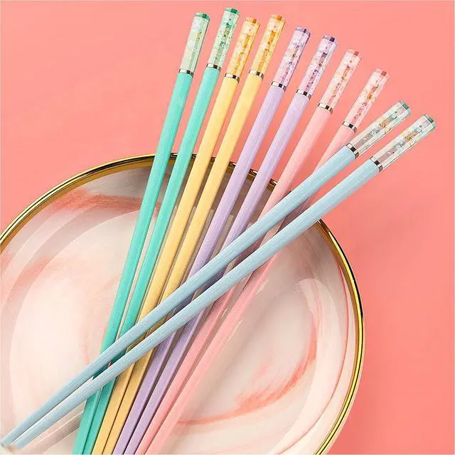 Alt view image 6 of 7 - 5 Pairs Amber Cherry Blossom Pattern Decoration Multicolor Fiberglass Chopsticks Japanese Korean Chopsticks Reusable Dishwasher Safe Yellow Pink Blue Green Purple