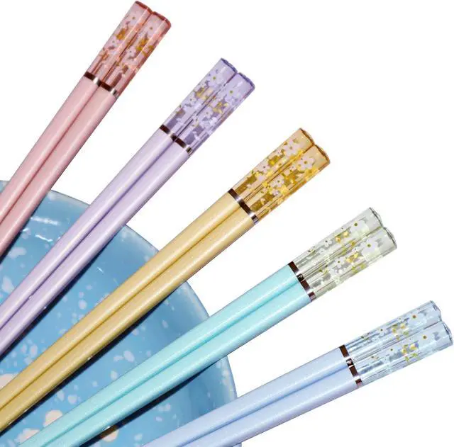 Alt view image 7 of 7 - 5 Pairs Amber Cherry Blossom Pattern Decoration Multicolor Fiberglass Chopsticks Japanese Korean Chopsticks Reusable Dishwasher Safe Yellow Pink Blue Green Purple