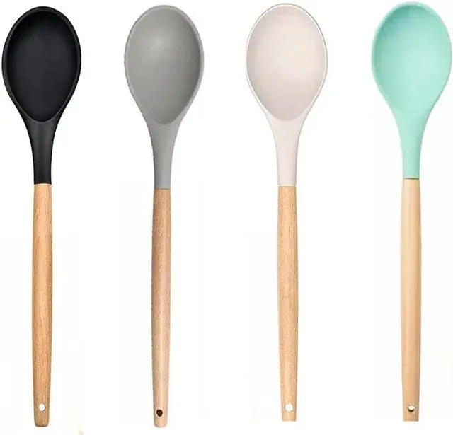 Main image of LorisArm Wooden Handle Silicone Spoon, 12" Rubber Spoon 4-Pack Nonstick Stirring Spoons for Baking Cooking and Mixing, Kitchen Serving Spoons (Grey, Green, White, Black).