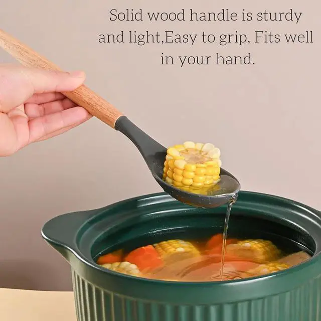 Alt view image 2 of 4 - LorisArm Wooden Handle Silicone Spoon, 12" Rubber Spoon 4-Pack Nonstick Stirring Spoons for Baking Cooking and Mixing, Kitchen Serving Spoons (Grey, Green, White, Black).