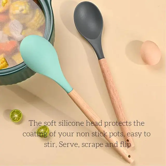 Alt view image 3 of 4 - LorisArm Wooden Handle Silicone Spoon, 12" Rubber Spoon 4-Pack Nonstick Stirring Spoons for Baking Cooking and Mixing, Kitchen Serving Spoons (Grey, Green, White, Black).