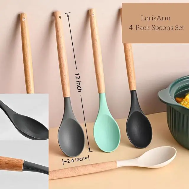 Alt view image 4 of 4 - LorisArm Wooden Handle Silicone Spoon, 12" Rubber Spoon 4-Pack Nonstick Stirring Spoons for Baking Cooking and Mixing, Kitchen Serving Spoons (Grey, Green, White, Black).