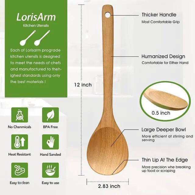Alt view image 2 of 4 - LorisArm Wooden Cooking Spoon 2PC, Large 12" Solid Wood Serving Spoons Set for Mixing Stirring, Maple Wood Nonstick Kitchen Utensils Tableware Ladle Scoop.