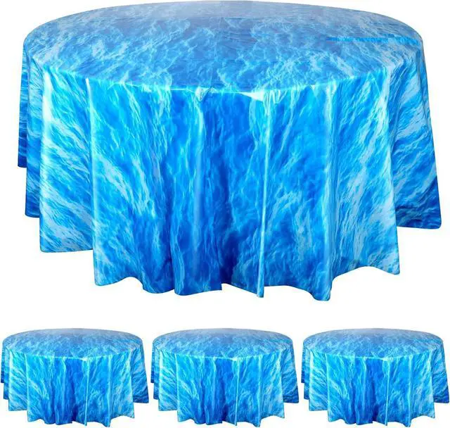 Main image of Hallswl 3 Pcs 84 Inch Round Ocean Waves Plastic Disposable Tablecloths | Blue Table Cloth Round Table Covers for Under the Sea Beach Surf Ocean Pool Party Birthday Party Decorations