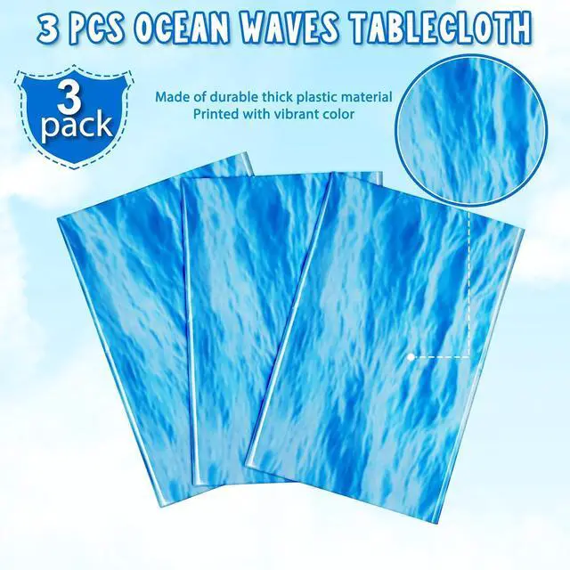 Alt view image 3 of 7 - Hallswl 3 Pcs 84 Inch Round Ocean Waves Plastic Disposable Tablecloths | Blue Table Cloth Round Table Covers for Under the Sea Beach Surf Ocean Pool Party Birthday Party Decorations