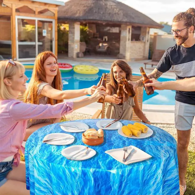 Alt view image 4 of 7 - Hallswl 3 Pcs 84 Inch Round Ocean Waves Plastic Disposable Tablecloths | Blue Table Cloth Round Table Covers for Under the Sea Beach Surf Ocean Pool Party Birthday Party Decorations