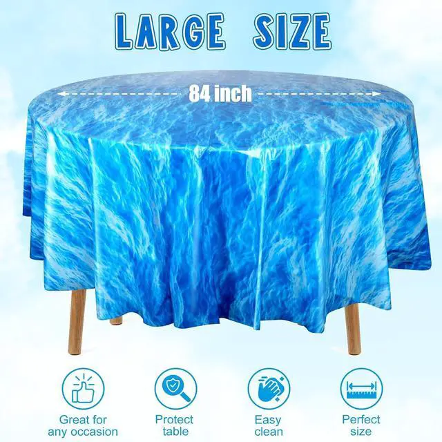 Alt view image 2 of 7 - Hallswl 3 Pcs 84 Inch Round Ocean Waves Plastic Disposable Tablecloths | Blue Table Cloth Round Table Covers for Under the Sea Beach Surf Ocean Pool Party Birthday Party Decorations