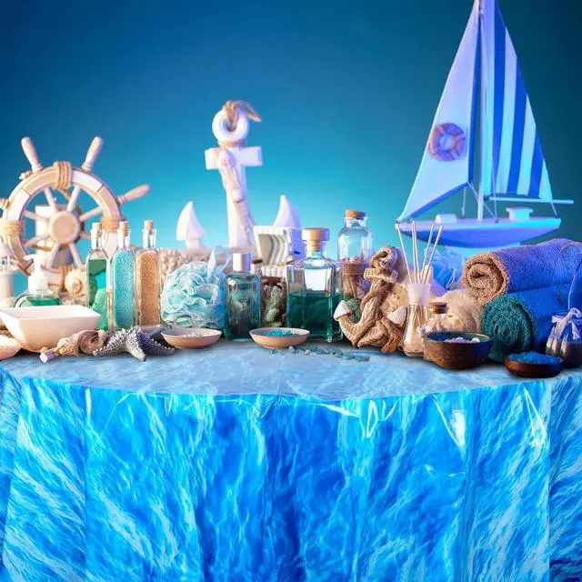 Alt view image 5 of 7 - Hallswl 3 Pcs 84 Inch Round Ocean Waves Plastic Disposable Tablecloths | Blue Table Cloth Round Table Covers for Under the Sea Beach Surf Ocean Pool Party Birthday Party Decorations