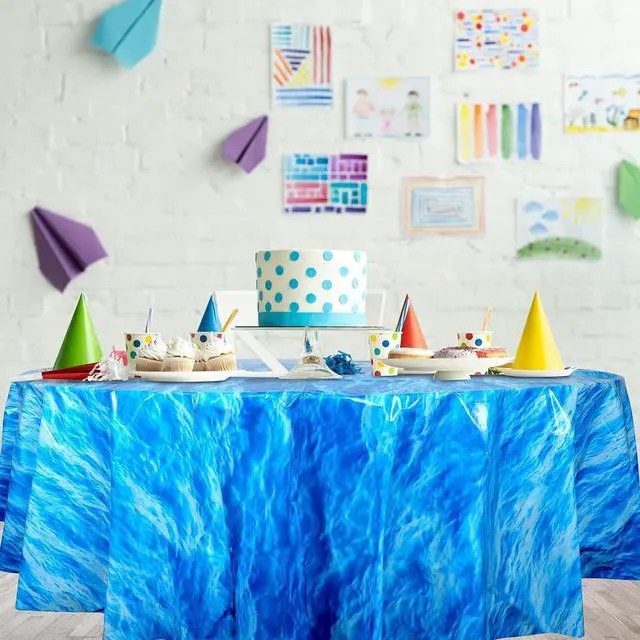 Alt view image 6 of 7 - Hallswl 3 Pcs 84 Inch Round Ocean Waves Plastic Disposable Tablecloths | Blue Table Cloth Round Table Covers for Under the Sea Beach Surf Ocean Pool Party Birthday Party Decorations