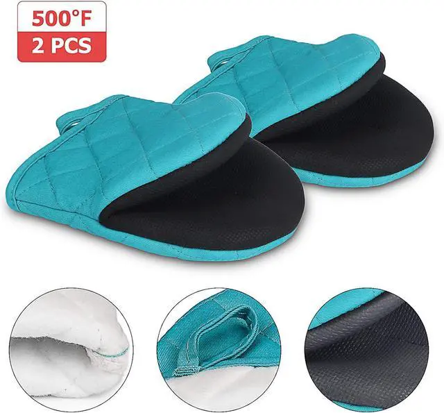 Alt view image 3 of 7 - Goldmeet Mini Oven Mitts 2-Pack, 7"x5.5", 500°F Silicone Grip, Coral Blue | Non-Slip, Heat Resistant, Machine Washable, Hanging Loop, Fits Small Hands, for Baking Grilling BBQ Cooking