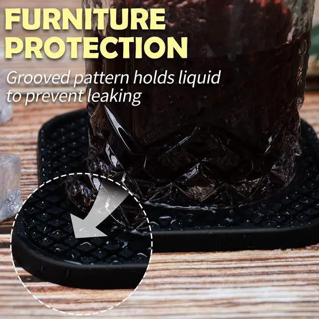 Alt view image 4 of 7 - IYYI Silicone Coasters Set of 6, Drink Coasters with Holder, Non-Slip Cup Mat, Deep Tray Absorbent Coaster, Heat Resistant Countertop Protection (Black-Square)