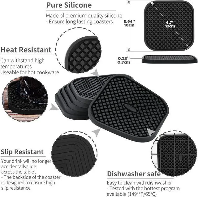 Alt view image 6 of 7 - IYYI Silicone Coasters Set of 6, Drink Coasters with Holder, Non-Slip Cup Mat, Deep Tray Absorbent Coaster, Heat Resistant Countertop Protection (Black-Square)