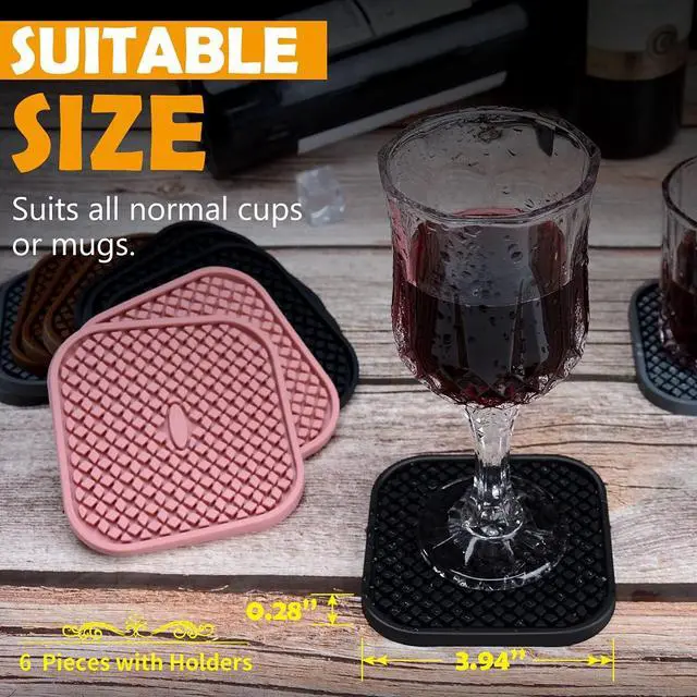 Alt view image 7 of 7 - IYYI Silicone Coasters Set of 6, Drink Coasters with Holder, Non-Slip Cup Mat, Deep Tray Absorbent Coaster, Heat Resistant Countertop Protection (Black-Square)