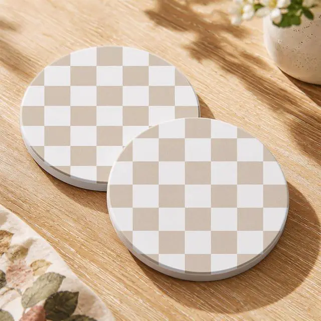Main image of Oqplog 2 Pack Ceramic Absorbent Drink Coasters for Women | Khaki Plaid Modern Absorbent Drinking Coasters with Cork Backing for Desk Table Office Outdoor Coffee Bar 4 Inch Set of 2