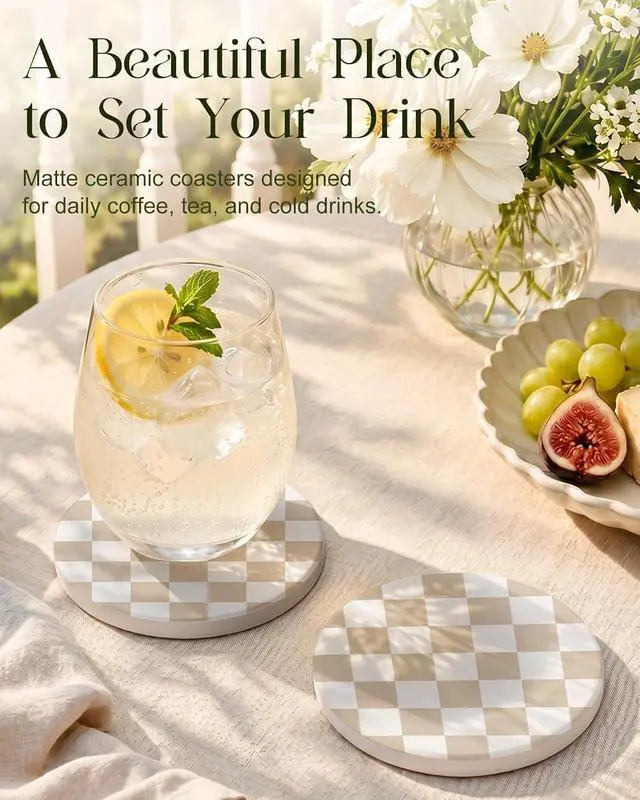 Alt view image 2 of 7 - Oqplog 2 Pack Ceramic Absorbent Drink Coasters for Women | Khaki Plaid Modern Absorbent Drinking Coasters with Cork Backing for Desk Table Office Outdoor Coffee Bar 4 Inch Set of 2