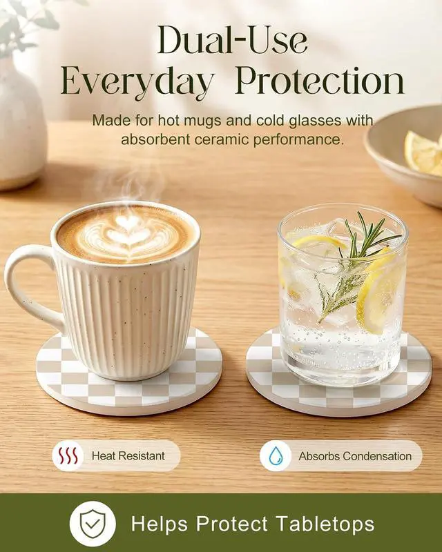 Alt view image 4 of 7 - Oqplog 2 Pack Ceramic Absorbent Drink Coasters for Women | Khaki Plaid Modern Absorbent Drinking Coasters with Cork Backing for Desk Table Office Outdoor Coffee Bar 4 Inch Set of 2
