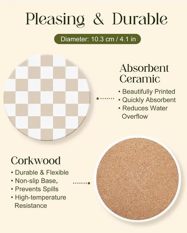 Alt view image 3 of 7 - Oqplog 2 Pack Ceramic Absorbent Drink Coasters for Women | Khaki Plaid Modern Absorbent Drinking Coasters with Cork Backing for Desk Table Office Outdoor Coffee Bar 4 Inch Set of 2