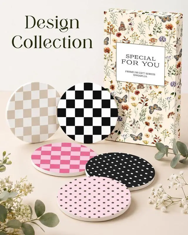Alt view image 7 of 7 - Oqplog 2 Pack Ceramic Absorbent Drink Coasters for Women | Khaki Plaid Modern Absorbent Drinking Coasters with Cork Backing for Desk Table Office Outdoor Coffee Bar 4 Inch Set of 2