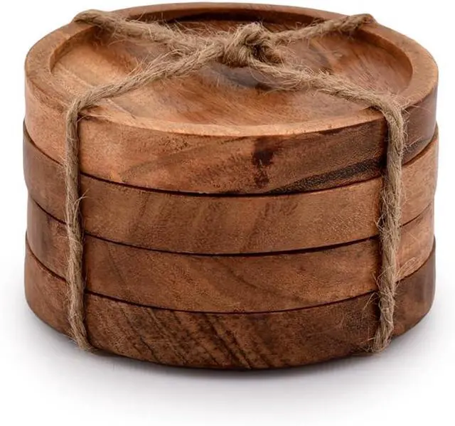 Alt view image 3 of 5 - Kaizen Casa Wooden Coasters for Drinks - Natural Acacia Wood Drink Coaster Set for Drinking Glasses, Tabletop Protection for Any Table Type, Set of 4