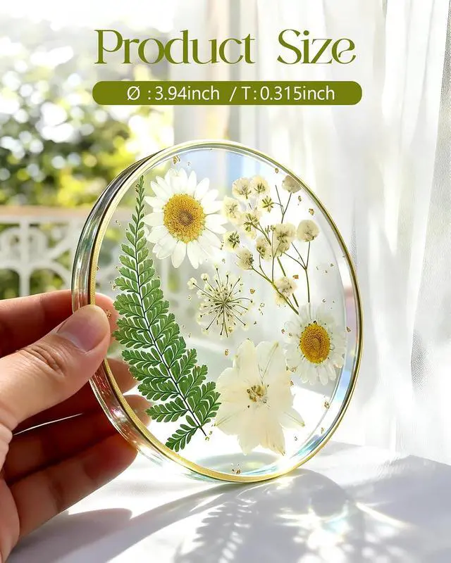 Alt view image 2 of 7 - Oqplog Resin Drink Coaster for Desk Coffee Table-White Cute Dried Flowers Cup Coaster for Work Office Home Outdoor Decor Gifts for Girls Women,1 Pcs