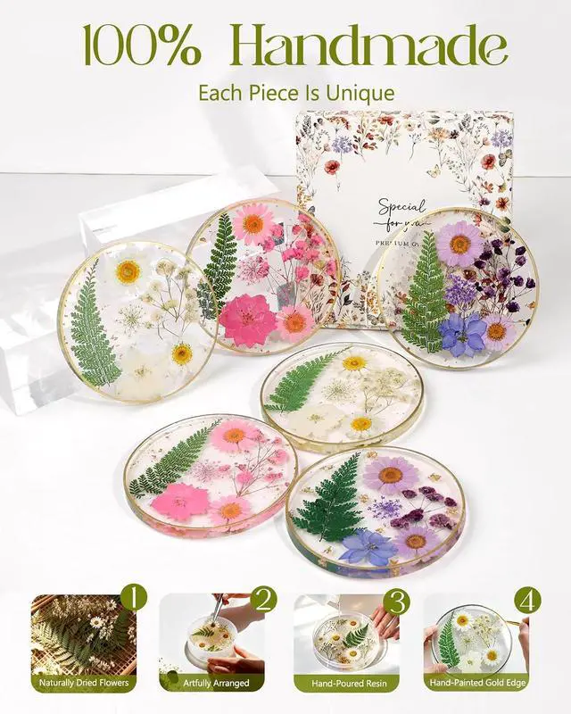 Alt view image 7 of 7 - Oqplog Resin Drink Coaster for Desk Coffee Table-White Cute Dried Flowers Cup Coaster for Work Office Home Outdoor Decor Gifts for Girls Women,1 Pcs