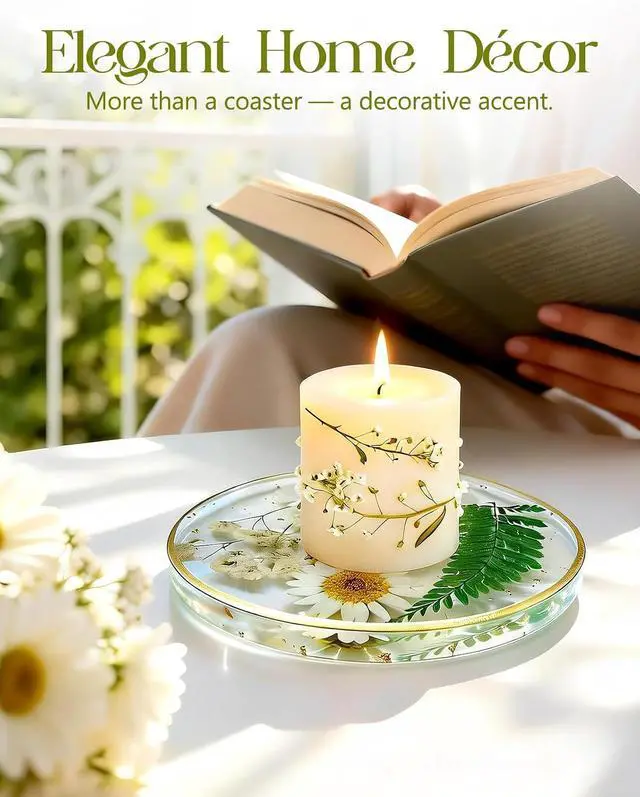 Alt view image 5 of 7 - Oqplog Resin Drink Coaster for Desk Coffee Table-White Cute Dried Flowers Cup Coaster for Work Office Home Outdoor Decor Gifts for Girls Women,1 Pcs
