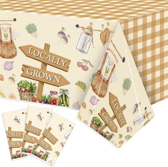 Main image of Summer Locally Grown Tablecloths - 3Pcs Planting Disposable Plastic Table Cloth Rectangular Farmers Market Waterproof Table Covers Baby Shower Photo Props Outdoor Picnics, 51.2 x 86.6 Inch
