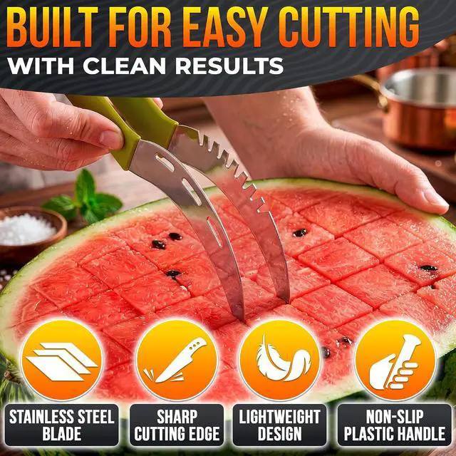 Alt view image 3 of 7 - 2-in-1 Watermelon Slicer Cutter Tool, Stainless Steel, Cubes & Slices | Watermelon Cutter Slicer Tool; Fast Clean Cuts; Dishwasher Safe; Cutting & Serving for BBQ, Picnic, & Camping; Melon Baller