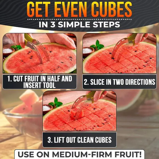 Alt view image 5 of 7 - 2-in-1 Watermelon Slicer Cutter Tool, Stainless Steel, Cubes & Slices | Watermelon Cutter Slicer Tool; Fast Clean Cuts; Dishwasher Safe; Cutting & Serving for BBQ, Picnic, & Camping; Melon Baller