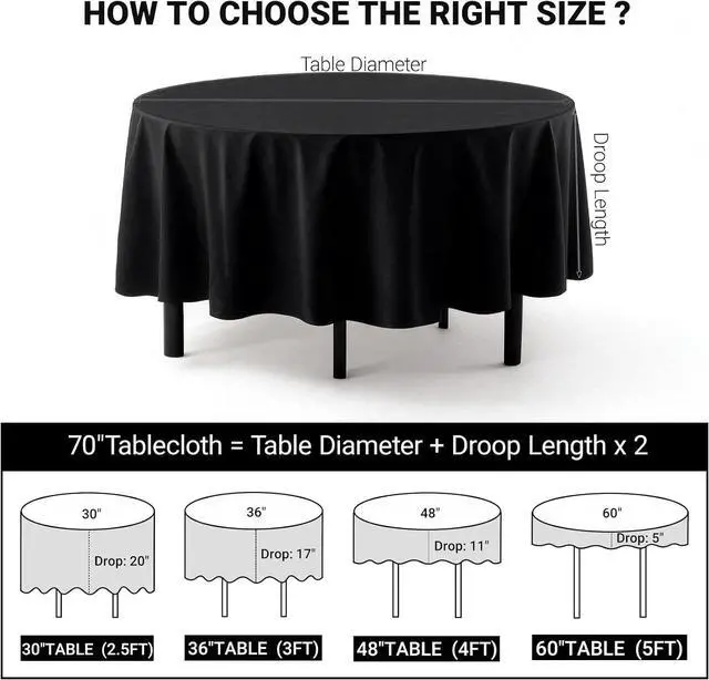 Alt view image 3 of 6 - MRJ Black 70 Inch Round Tablecloths Stain and Wrinkle Resistant Washable Polyester Table Cloth for Wedding Dining Banquet Birthday Party Buffet