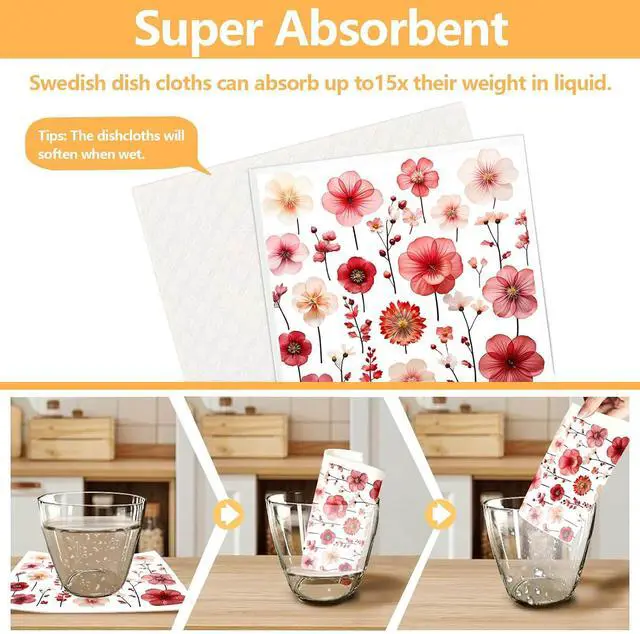 Alt view image 3 of 7 - 6 Pack Swedish Dishcloths for Kitchen - Reusable Washable Cellulose Cleaning Cloths, Absorbent Quick Dry No Odor Biodegradable Sponge Wipes, Decorative Tea Towels (Pink Floral Blossom)