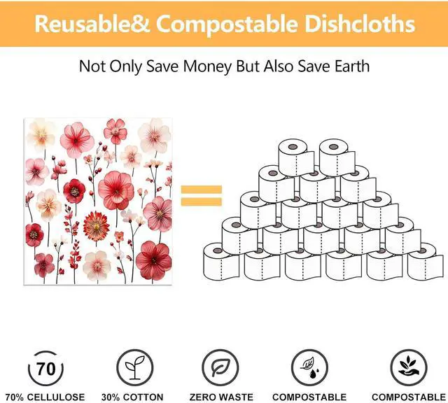 Alt view image 6 of 7 - 6 Pack Swedish Dishcloths for Kitchen - Reusable Washable Cellulose Cleaning Cloths, Absorbent Quick Dry No Odor Biodegradable Sponge Wipes, Decorative Tea Towels (Pink Floral Blossom)