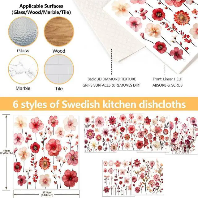 Alt view image 5 of 7 - 6 Pack Swedish Dishcloths for Kitchen - Reusable Washable Cellulose Cleaning Cloths, Absorbent Quick Dry No Odor Biodegradable Sponge Wipes, Decorative Tea Towels (Pink Floral Blossom)