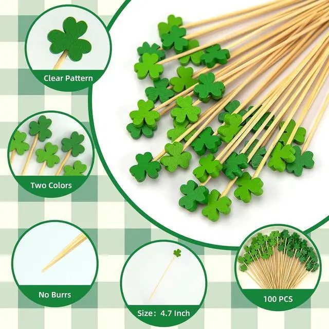 Alt view image 2 of 6 - 100 Count Green Shamrock Cocktail Picks for St. Patrick's Day | 4.7-inch bamboo shamrock toothpicks for drinks and appetizers; Irish cupcake toppers and clover party decorations.