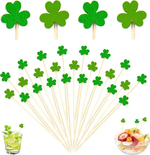Main image of 100 Count Green Shamrock Cocktail Picks for St. Patrick's Day | 4.7-inch bamboo shamrock toothpicks for drinks and appetizers; Irish cupcake toppers and clover party decorations.