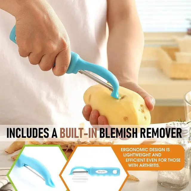 Alt view image 5 of 7 - Spring Chef Swivel Potato Peeler for Kitchen w/Soft Grip Handle, Aqua Sky | Premium Vegetable Peeler w/ Sharp Stainless Steel Blades, Multifunctional Food Peeler for Apple, Carrot, Cucumber, Fruit