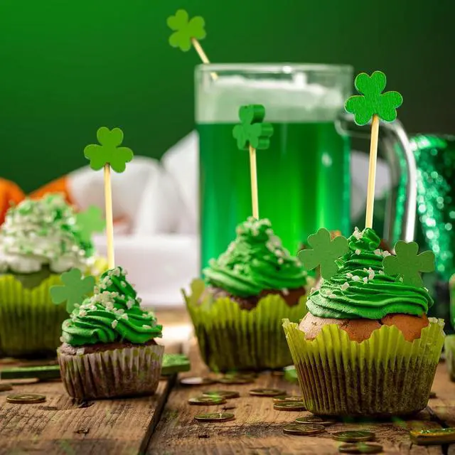 Alt view image 5 of 6 - 100 Count Green Shamrock Cocktail Picks for St. Patrick's Day | 4.7-inch bamboo shamrock toothpicks for drinks and appetizers; Irish cupcake toppers and clover party decorations.