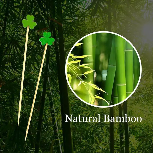 Alt view image 6 of 6 - 100 Count Green Shamrock Cocktail Picks for St. Patrick's Day | 4.7-inch bamboo shamrock toothpicks for drinks and appetizers; Irish cupcake toppers and clover party decorations.