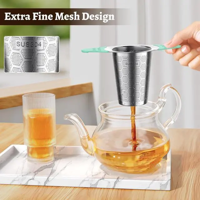 Alt view image 2 of 7 - Tea Infuser for Loose Leaf Tea,18/8 Stainless Steel Tea Infuser with Heat Proof Silicone Handles,Extra Fine Mesh Tea Strainers Filter Fine Tea Leaves Effectively,Fits TeaPots/Mugs-Green