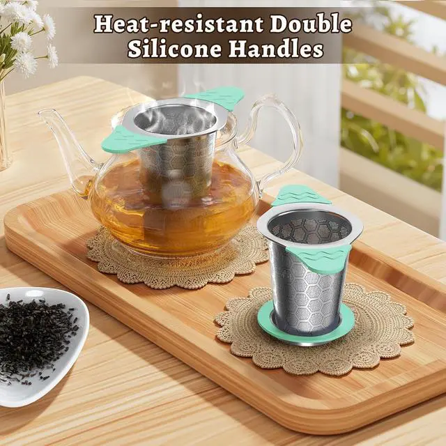 Alt view image 4 of 7 - Tea Infuser for Loose Leaf Tea,18/8 Stainless Steel Tea Infuser with Heat Proof Silicone Handles,Extra Fine Mesh Tea Strainers Filter Fine Tea Leaves Effectively,Fits TeaPots/Mugs-Green