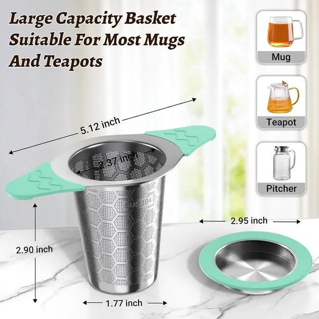 Alt view image 7 of 7 - Tea Infuser for Loose Leaf Tea,18/8 Stainless Steel Tea Infuser with Heat Proof Silicone Handles,Extra Fine Mesh Tea Strainers Filter Fine Tea Leaves Effectively,Fits TeaPots/Mugs-Green
