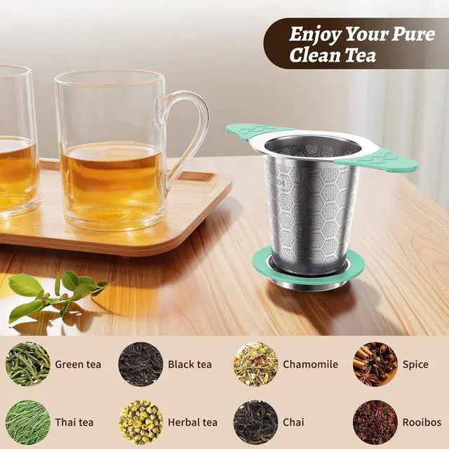 Alt view image 6 of 7 - Tea Infuser for Loose Leaf Tea,18/8 Stainless Steel Tea Infuser with Heat Proof Silicone Handles,Extra Fine Mesh Tea Strainers Filter Fine Tea Leaves Effectively,Fits TeaPots/Mugs-Green