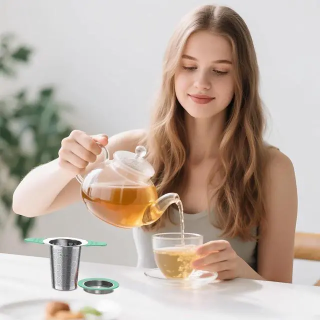 Alt view image 5 of 7 - Tea Infuser for Loose Leaf Tea,18/8 Stainless Steel Tea Infuser with Heat Proof Silicone Handles,Extra Fine Mesh Tea Strainers Filter Fine Tea Leaves Effectively,Fits TeaPots/Mugs-Green