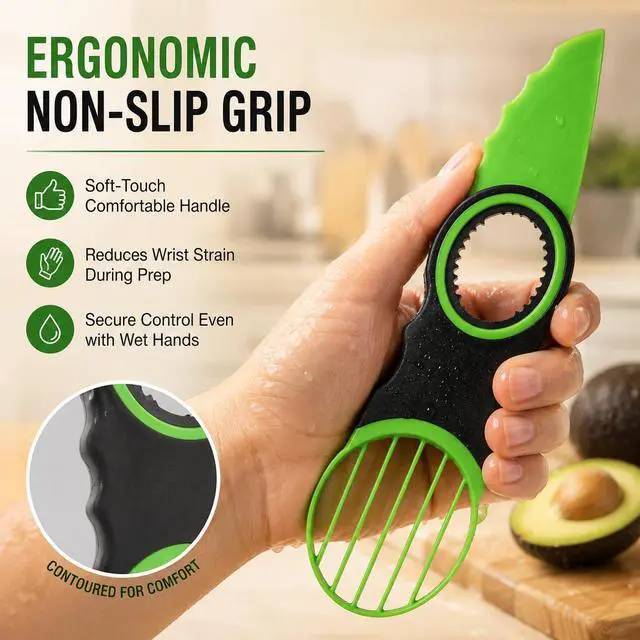 Alt view image 6 of 7 - 3-in-1 Avocado Slicer Tool & Stainless Steel Pitter | Multifunctional avocado cutter, peeler, and scooper with a non-slip grip. Top-rack dishwasher safe for easy cleaning.