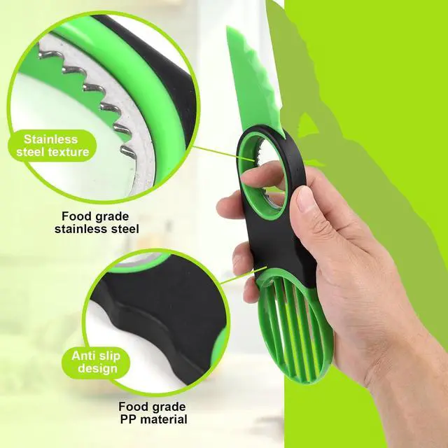 Alt view image 4 of 7 - 3-in-1 Avocado Slicer Tool & Stainless Steel Pitter | Multifunctional avocado cutter, peeler, and scooper with a non-slip grip. Top-rack dishwasher safe for easy cleaning.