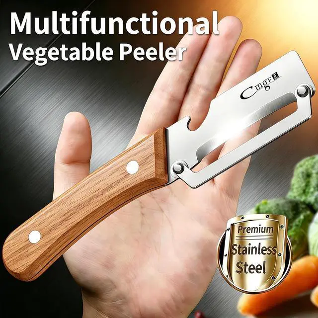 Alt view image 2 of 7 - TEEVEA Vegetable Peeler, Stainless Steel Wooden Handle for Potato, Apple | Zero snag glide, non-slip wet grip, 2-in-1 bottle opener, food grade safe for all scenarios